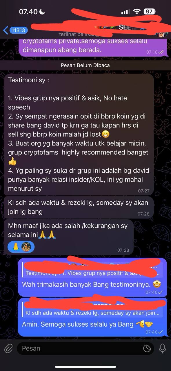 Testimoni member: grup positif, jujur ada koin yang loss, relasi berharga